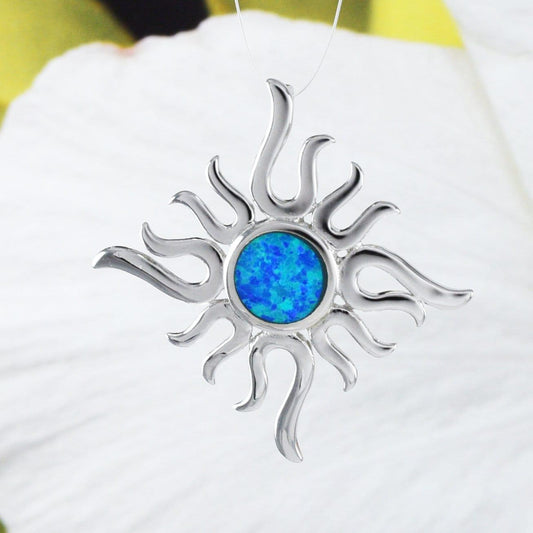Unique Hawaiian Blue Opal Sun Necklace, Sterling Silver Blue Opal Sun Pendant, N8942 Mother Birthday Anniversary Mom Wife Gift - Hawaii Treasures Shop