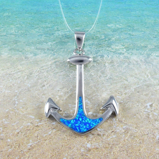 Unique Hawaiian Large Blue Opal Anchor Necklace, Sterling Silver Opal Anchor Pendant, N8944 Birthday Mom Mother Gift - Hawaii Treasures Shop