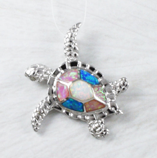 Unique Gorgeous Hawaiian Tri-color Opal Sea Turtle Necklace, Sterling Silver Blue White Pink Opal Turtle Pendant, N9271 Birthday Mom Gift - Hawaii Treasures Shop