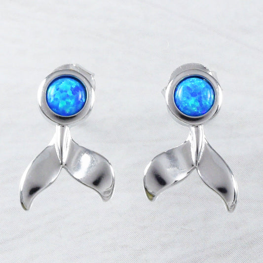 Unique Beautiful Hawaiian Blue Opal Whale Tail Earring, Sterling Silver Blue Opal Whale Tail Stud Earring, E9334 Birthday Mom Mother Gift - Hawaii Treasures Shop