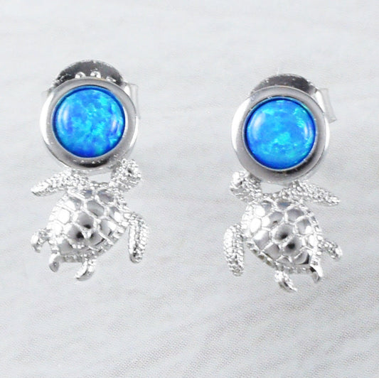 Unique Beautiful Hawaiian Blue Opal Sea Turtle Earring, Sterling Silver Blue Opal Turtle Stud Earring, E9335 Birthday Mom Mother Gift - Hawaii Treasures Shop