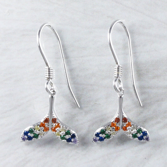 Unique Hawaiian Rainbow Whale Tail Earring, Sterling Silver Multi-Color Stone Whale Tail Dangle Earring, E9350 Birthday Mom Mother Gift - Hawaii Treasures Shop