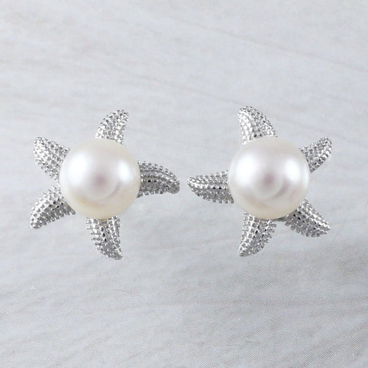 Unique Beautiful Hawaiian Genuine White Pearl Starfish Earring, Sterling Silver Starfish Stud Earring, E9353 Birthday Mom Gift - Hawaii Treasures Shop