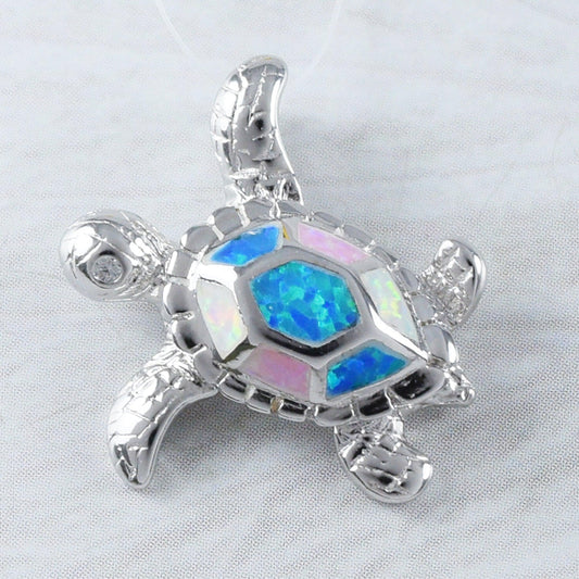 Unique Beautiful Hawaiian Tri-color Opal Sea Turtle Necklace, Sterling Silver Blue White Pink Opal Turtle Pendant, N9301 Birthday Mom Gift - Hawaii Treasures Shop