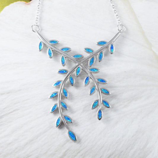 Unique Gorgeous Hawaiian Large Opal Maile Leaf Necklace, Sterling Silver Blue Opal Maile Leaf Necklace, N9328 Birthday Mom Mother Gift - Hawaii Treasures Shop