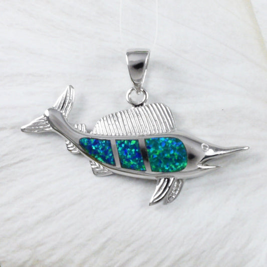Unique Gorgeous Hawaiian Large Blue Opal Marlin Necklace, Sterling Silver Opal Marlin Fish Pendant, N9226 Birthday Mom Gift, Statement PC - Hawaii Treasures Shop