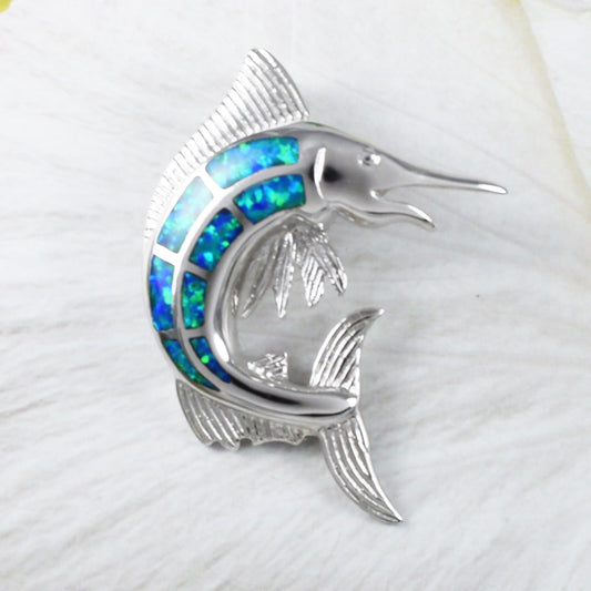Unique Gorgeous Hawaiian X-Large Blue Opal Marlin Necklace, Sterling Silver Opal Marlin Fish Pendant, N9228 Birthday Mom Gift, Statement PC - Hawaii Treasures Shop