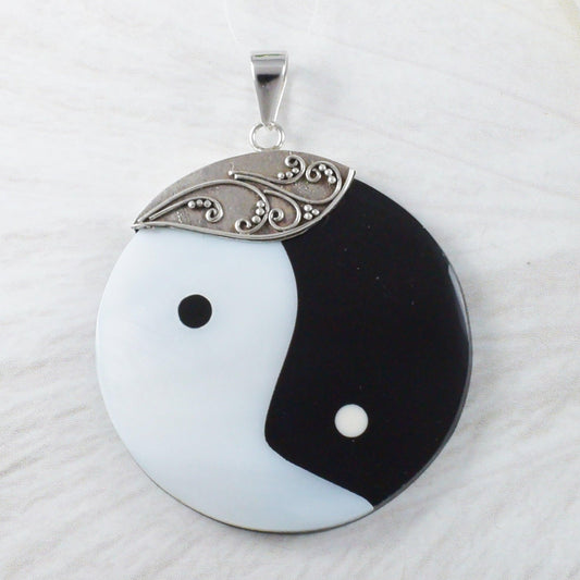 Unique Hawaiian Large Mother of Pearl Yin Yang Necklace, Sterling Silver Black & White MOP Yin-Yang Pendant, N9232 Birthday Mom Gift - Hawaii Treasures Shop