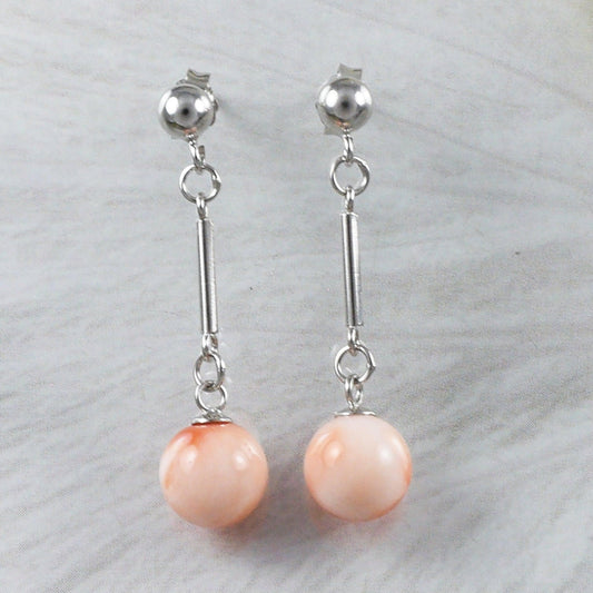 Unique Beautiful Genuine Pink Coral Earring, Sterling Silver Hawaiian Pink Coral Round Dangle Earring, E9244 Birthday Mom Mother Gift - Hawaii Treasures Shop
