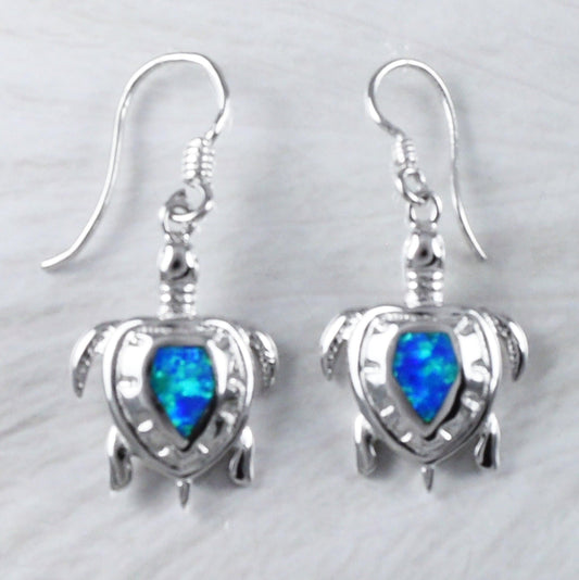 Unique Beautiful Hawaiian Blue Opal Sea Turtle Earring, Sterling Silver Blue Opal Turtle Dangle Earring, E9261 Mother Birthday Mom Gift - Hawaii Treasures Shop