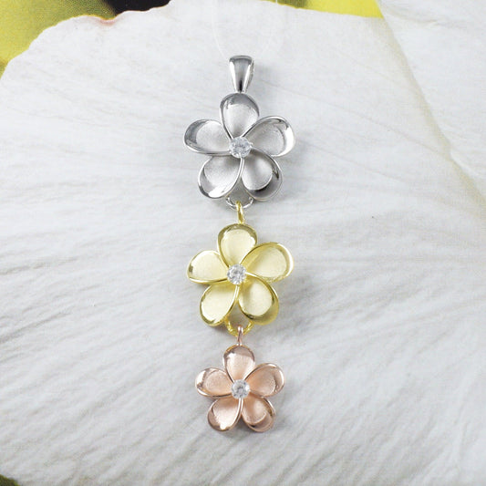Gorgeous Large Hawaiian Plumeria Necklace, Past Present & Future, Sterling Silver 3 Tri-color Plumeria CZ Pendant, N6138 Birthday Mom Gift - Hawaii Treasures Shop