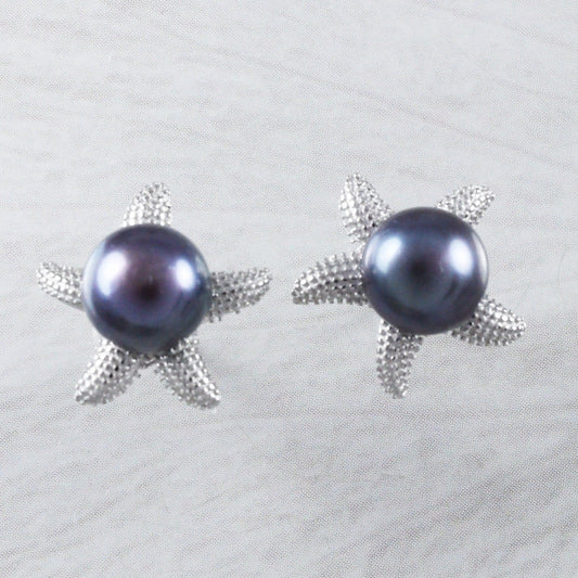 Unique Beautiful Hawaiian Genuine Black Pearl Starfish Earring, Sterling Silver Starfish Stud Earring, E9354 Birthday Mom Gift - Hawaii Treasures Shop