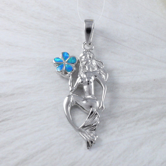 Unique Beautiful Large Hawaiian Mermaid Necklace, Sterling Silver Blue Opal Plumeria Mermaid Pendant, N9303 Birthday Mom Gift - Hawaii Treasures Shop