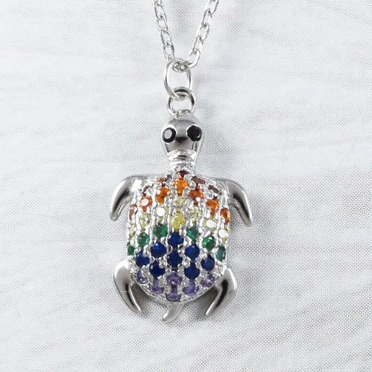 Unique Hawaiian Rainbow Sea Turtle Necklace, Sterling Silver Multi-Color Stone Turtle Necklace, N9329 Birthday Mom Mother Gift - Hawaii Treasures Shop