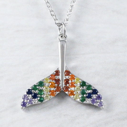 Unique Hawaiian Rainbow Whale Tail Necklace, Sterling Silver Multi-Color Stone Whale Tail Necklace, N9330 Birthday Mom Mother Gift - Hawaii Treasures Shop