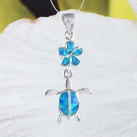 Unique Hawaiian Blue Opal Plumeria Sea Turtle Necklace, Sterling Silver Blue Opal Plumeria Turtle Pendant, N2091 Birthday Mom Mother Gift - Hawaii Treasures Shop