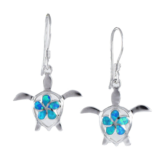 Beautiful Hawaiian Blue Opal Plumeria Turtle Earring, Sterling Silver Opal Plumeria Turtle Dangle Earring, E4100 Birthday Mom Mother Gift - Hawaii Treasures Shop