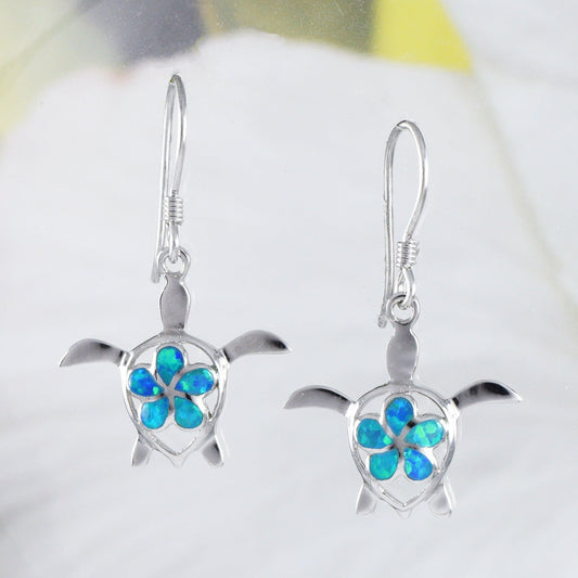 Beautiful Hawaiian Blue Opal Plumeria Sea Turtle Earring, Sterling Silver Blue Opal Plumeria Turtle Dangle Earring, E4102 Birthday Mom Gift - Hawaii Treasures Shop