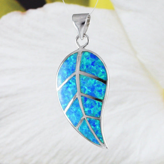Stunning Hawaiian Large Blue Opal Maile Leaf Necklace, Sterling Silver Blue Opal Maile Leaf Pendant, N2257A Birthday Mom Gift, Statement PC - Hawaii Treasures Shop