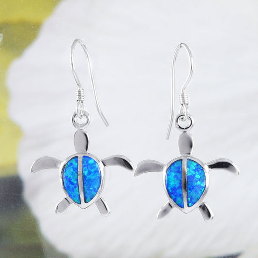 Stunning Hawaiian Large Blue Opal Sea Turtle Earring, Sterling Silver Blue Opal Turtle Dangle Earring, E4150A Birthday Wife Mom Gift - Hawaii Treasures Shop
