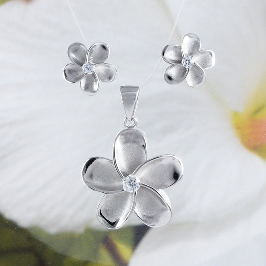 Beautiful Hawaiian Plumeria Necklace and Earring, Sterling Silver Plumeria Flower CZ Pendant, N2031S Birthday Mother Wife Mom Gift - Hawaii Treasures Shop