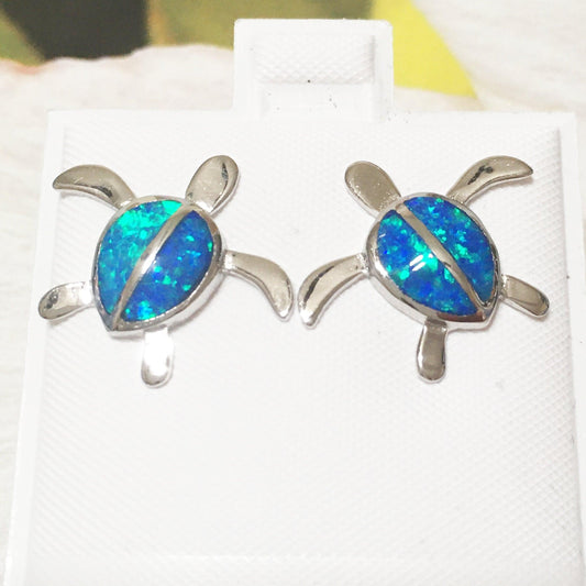 Beautiful Hawaiian Large Blue Opal Sea Turtle Earring, Sterling Silver Blue Opal Turtle Stud Earring, E4106 Statement PC, Birthday Mom Gift - Hawaii Treasures Shop