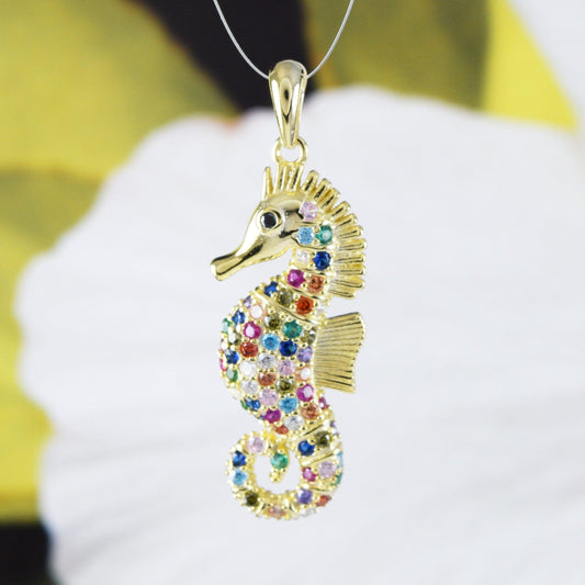 Beautiful Hawaiian Rainbow Color Stone Seahorse Necklace, Sterling Silver Yellow-Gold Plated Seahorse Pendant, N8996 Birthday Mom Gift - Hawaii Treasures Shop