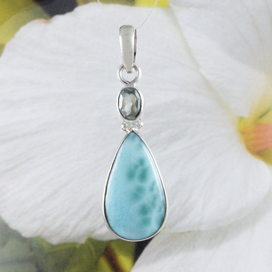 Beautiful Hawaiian Large Genuine Blue Topaz Larimar Rain Drop Necklace, Sterling Silver Natural Larimar Pendant, N8722 Birthday Mom Gift - Hawaii Treasures Shop