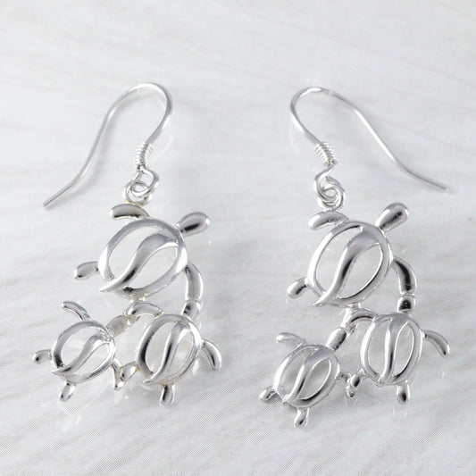 Unique Hawaiian Large Mom & 2 Baby Sea Turtle Earring, Sterling Silver 3 Turtle Family Dangle Earring, E2023 Birthday Wife Mom Gift - Hawaii Treasures Shop