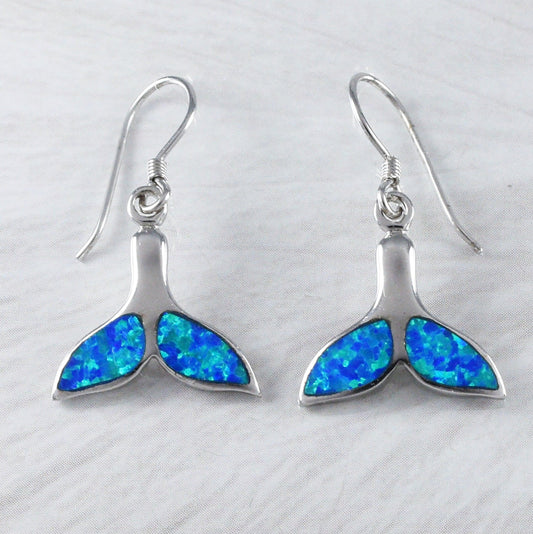 Beautiful Hawaiian Blue Opal Whale Tail Earring, Sterling Silver Blue Opal Whale Tail Dangle Earring, E2058 Birthday Wife Mom Mother Gift - Hawaii Treasures Shop