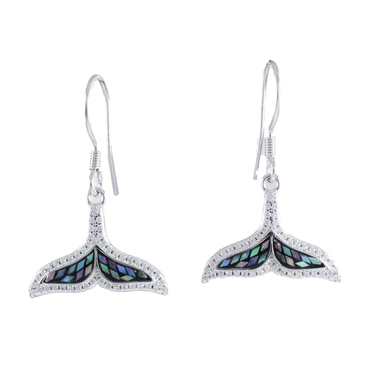 Unique Hawaiian Genuine Paua Shell Whale Tail Earring, Sterling Silver Whale Tail CZ Dangle Earring, E8926 Birthday Mom Mother Gift - Hawaii Treasures Shop