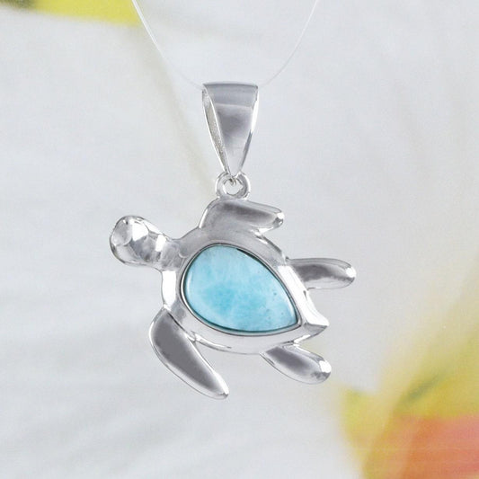 Unique Hawaiian Genuine Larimar Sea Turtle Necklace, Sterling Silver Larimar Turtle Pendant, N8791 Birthday Mother Wife Mom Gift - Hawaii Treasures Shop