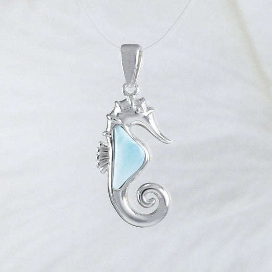 Unique Hawaiian Genuine Larimar Seahorse Necklace, Sterling Silver Larimar Seahorse Pendant, N8792 Birthday Mother Wife Mom Gift - Hawaii Treasures Shop