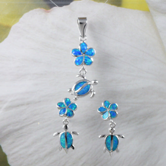 Unique Beautiful Hawaiian Blue Opal Plumeria Sea Turtle Earring and Necklace, Sterling Silver Blue Opal Plumeria Turtle Pendant, N8372S - Hawaii Treasures Shop