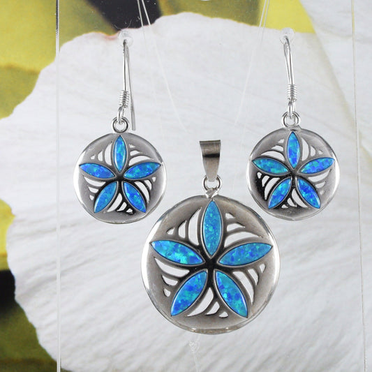 Stunning Hawaiian Blue Opal Sand Dollar Earring and Necklace, Sterling Silver Blue Opal Sand Dollar Pendant, N8375SH Mother Birthday Gift - Hawaii Treasures Shop