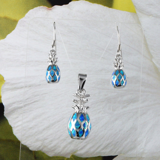 Unique Beautiful Hawaiian 3D Blue Opal Pineapple Earring and Necklace, Sterling Silver Blue Opal Pineapple Pendant, N8385S Birthday Mom Gift - Hawaii Treasures Shop