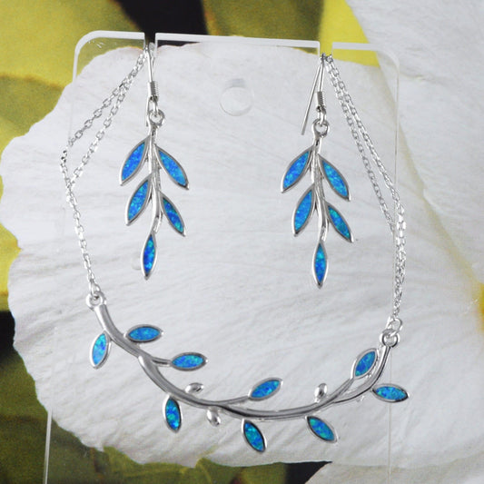 Unique Beautiful Large Hawaiian Blue Opal Maile Leaf Earring and Necklace, Sterling Silver Blue Opal Maile Leaf Necklace, N8391S Mother Gift - Hawaii Treasures Shop
