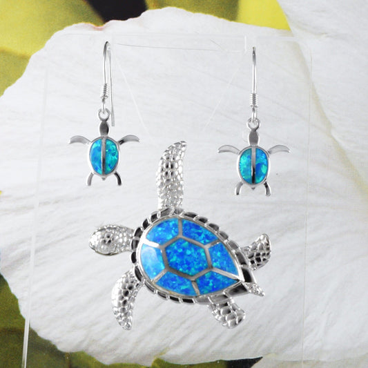 Gorgeous Large Hawaiian Sea Turtle Earring and Necklace, Sterling Silver Blue Opal Turtle Pendant, N6023SH Birthday Gift, Statement PC - Hawaii Treasures Shop