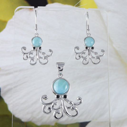 Unique Hawaiian Genuine Larimar Octopus Earring and Necklace, Sterling Silver Larimar Octopus Pendant, N8439S Birthday Mother Wife Mom Gift - Hawaii Treasures Shop