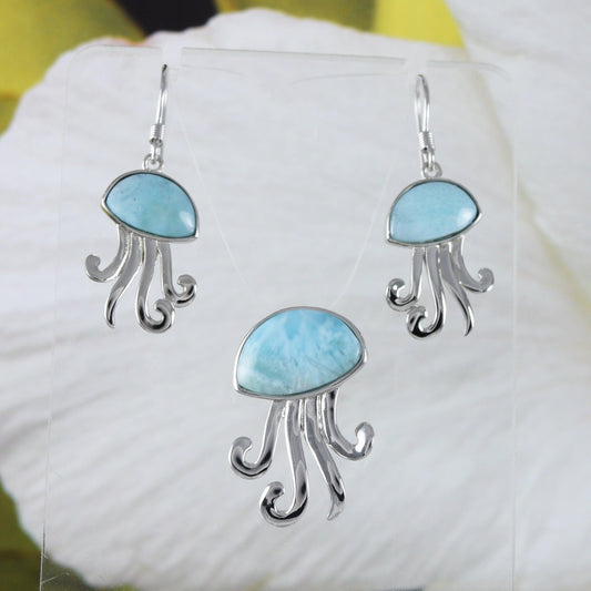 Unique Hawaiian Genuine Larimar Jellyfish Earring and Necklace, Sterling Silver Larimar Jellyfish Pendant, N8440S Birthday Mother Mom Gift - Hawaii Treasures Shop