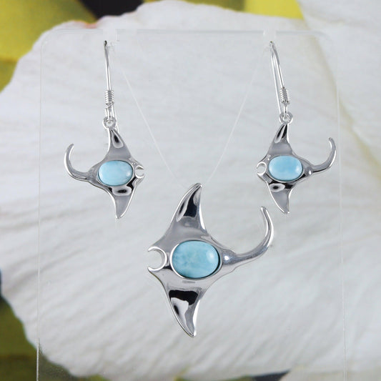 Unique Hawaiian Genuine Larimar Stingray Earring and Necklace, Sterling Silver Larimar Stingray Pendant, N8443S Birthday Mother Mom Gift - Hawaii Treasures Shop