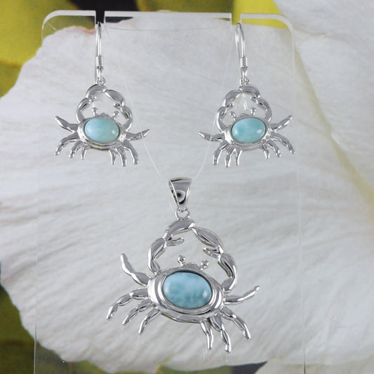 Unique Hawaiian Large Genuine Larimar Crab Earring and Necklace, Sterling Silver Larimar Crab Pendant, N8444S Birthday Mother Wife Mom Gift - Hawaii Treasures Shop