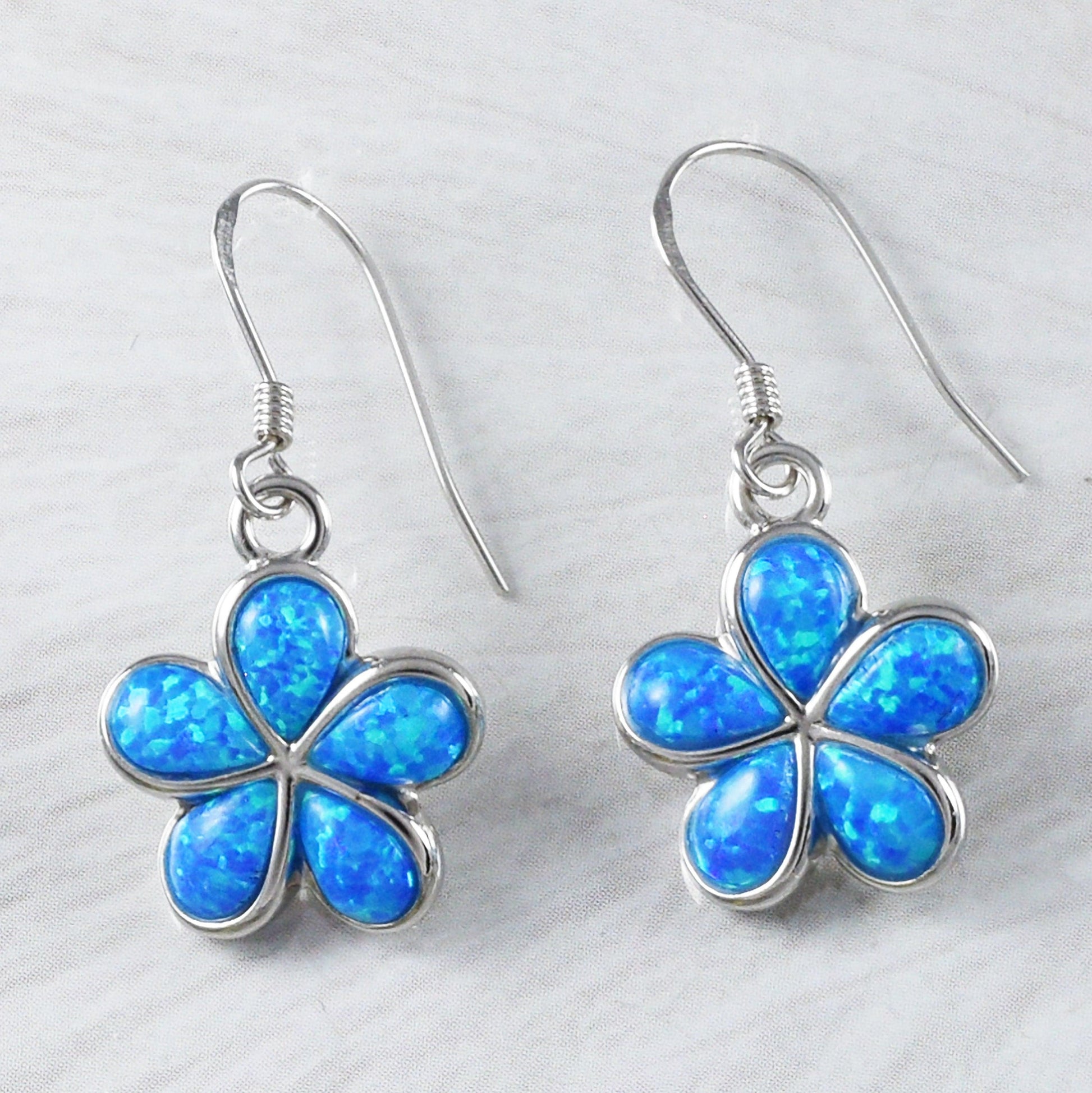 Gorgeous Hawaiian Large Blue Opal Plumeria Earring and Necklace, Sterling Silver Blue Opal Plumeria Flower Pendant N6008SH Birthday Mom Gift - Hawaii Treasures Shop