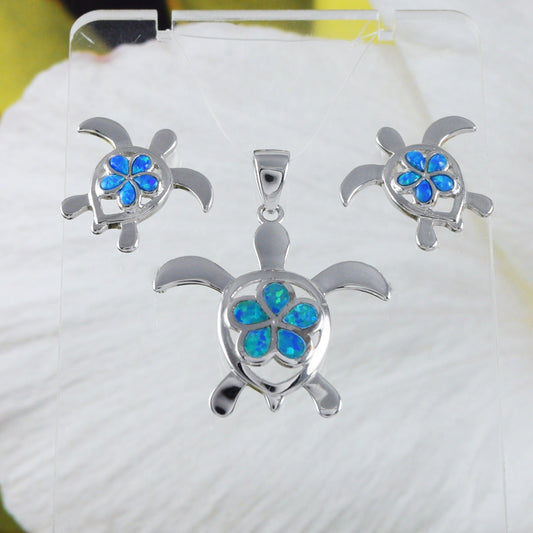 Beautiful Hawaiian Large Blue Opal Sea Turtle Plumeria Earring and Necklace, Sterling Silver Blue Opal Plumeria Turtle Pendant, N6160S1 - Hawaii Treasures Shop