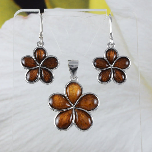 Beautiful Hawaiian Genuine Koa Wood Plumeria Earring and Necklace, Sterling Silver Koa Wood Plumeria Flower Pendant, N8512SH Birthday Gift - Hawaii Treasures Shop