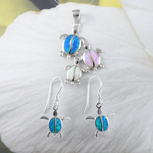 Unique Beautiful Hawaiian Mom & 2 Baby Sea Turtle Earring and Necklace, Sterling Silver Tri-color Opal Sea Turtle Family Pendant, N8369S - Hawaii Treasures Shop
