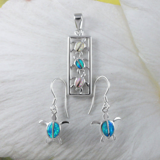 Beautiful Hawaiian Tri-color Opal 3 Sea Turtle Earring and Necklace, Sterling Silver Blue White Pink Opal 3 Turtle Barrel Pendant, N8370S - Hawaii Treasures Shop