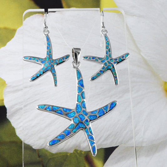 Gorgeous X-Large Hawaiian Blue Opal Starfish Earring and Necklace, Sterling Silver Blue Opal Star Fish Pendant, N8376S Birthday Mom Gift - Hawaii Treasures Shop
