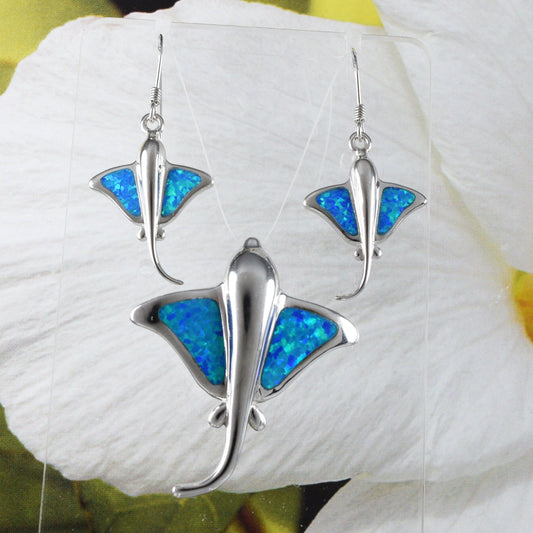Unique Beautiful Hawaiian Blue Opal Stingray Earring and Necklace, Sterling Silver Blue Opal Sting Ray Pendant, N8377S Birthday Mother Gift - Hawaii Treasures Shop