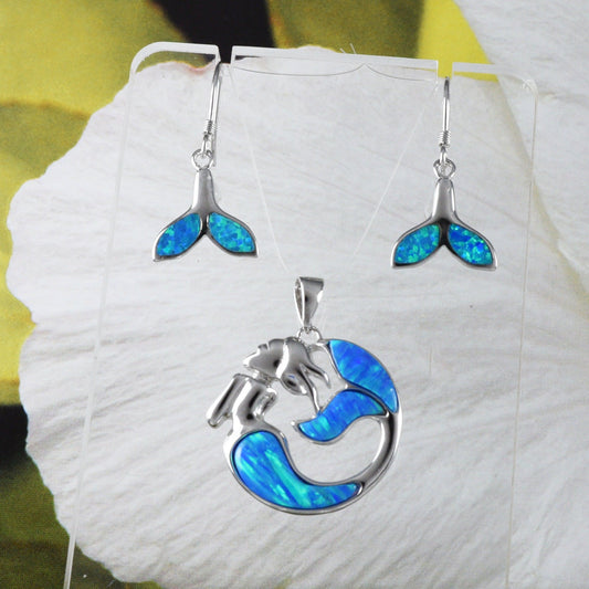 Unique Stunning Hawaiian Blue Opal Mermaid Earring and Necklace, Sterling Silver Blue Opal Mermaid Pendant, N8384S Birthday Mom Gift - Hawaii Treasures Shop